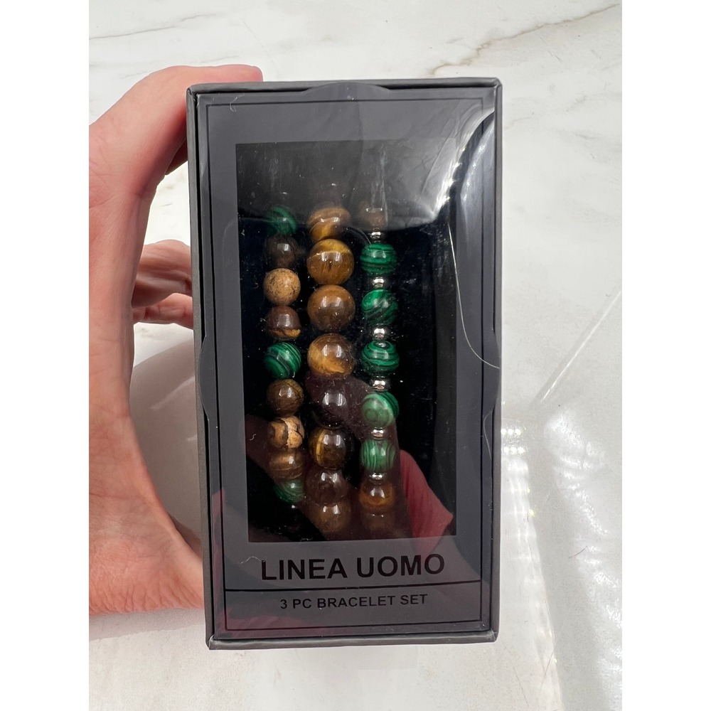 Linea Uomo Men 3 PC Bracelet Set Tigers Eye Green Malachite Beads LU03M2544R